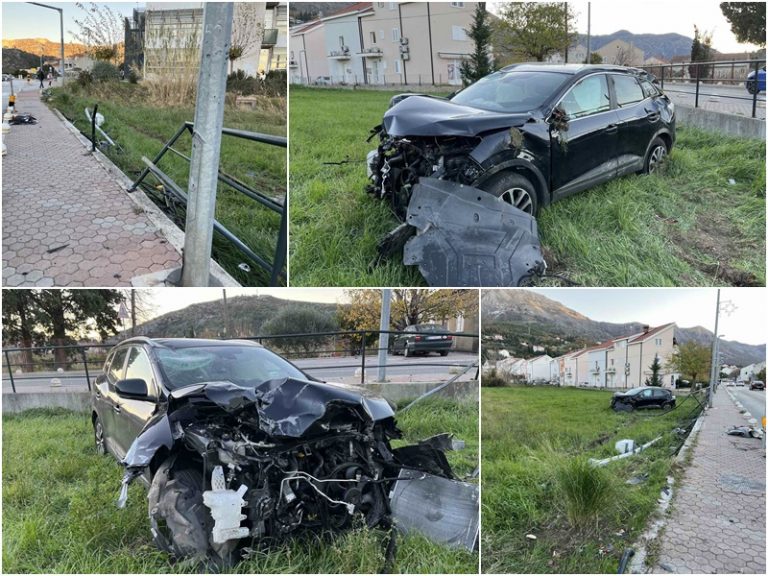 FOTO: Autom polomio metalnu ogradu, srušio prometni znak i stup javne rasvjete, prevrnuo se i pobjegao
