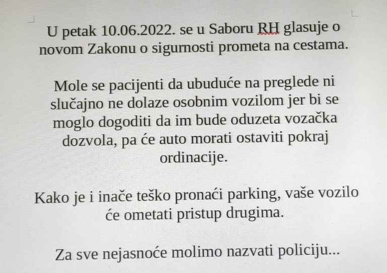 Mole se pacijenti da ubuduće ne dolaze na pregled osobnim vozilom…za sve nejasnoće, zovite policiju