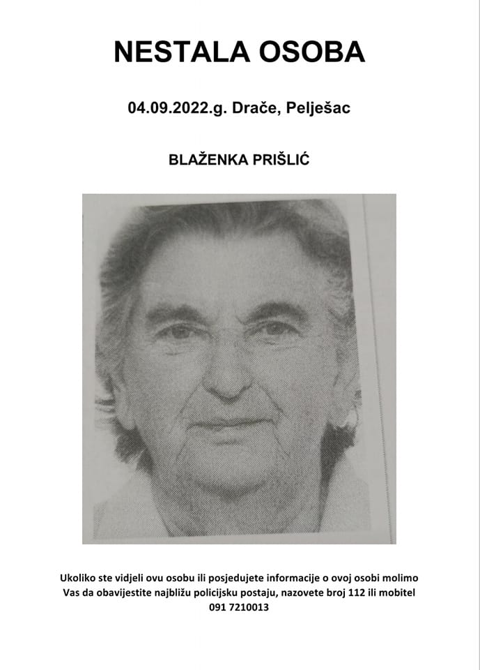 Nestala osoba na Pelješcu, akcija potrage u tijeku