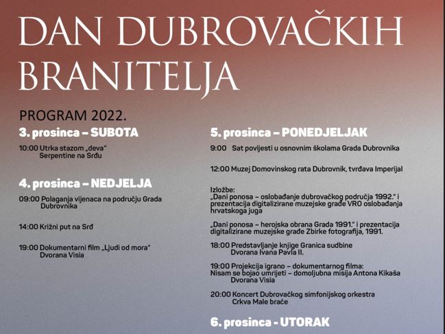 Program obilježavanja Dana dubrovačkih branitelja 2022.