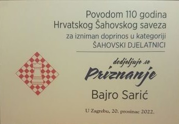 Dubrovački šahovski pregalac Bajro Sarić nagrađen priznanjem Hrvatskog šahovskog saveza