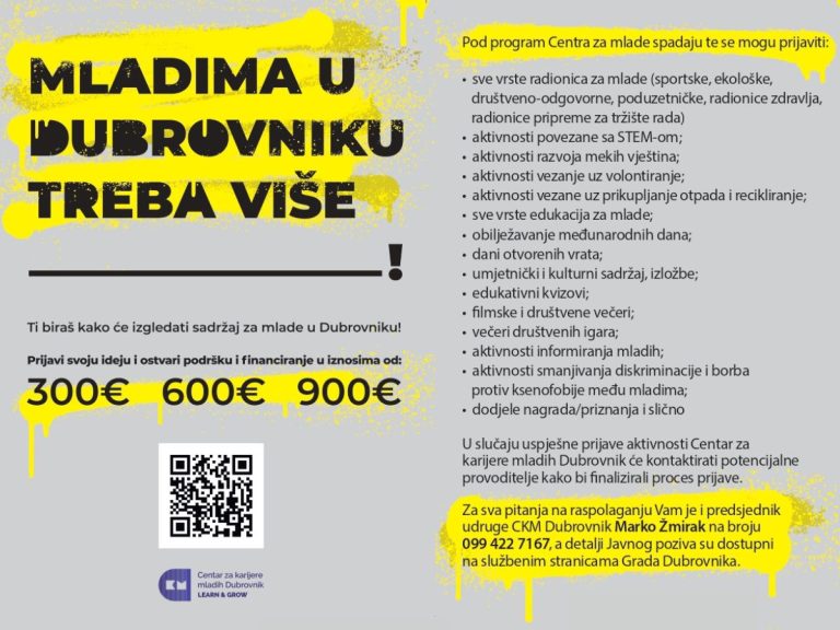 Imaš ideju ili prijedlog aktivnosti za mlade? Javi se Centru za karijere mladih Dubrovnik!