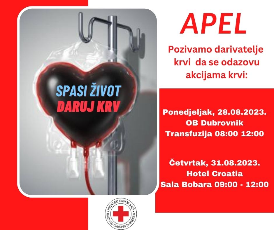 ZALIHE KRVI SMANJENE Pozivaju se svi stari i novi darivatelji da daruju