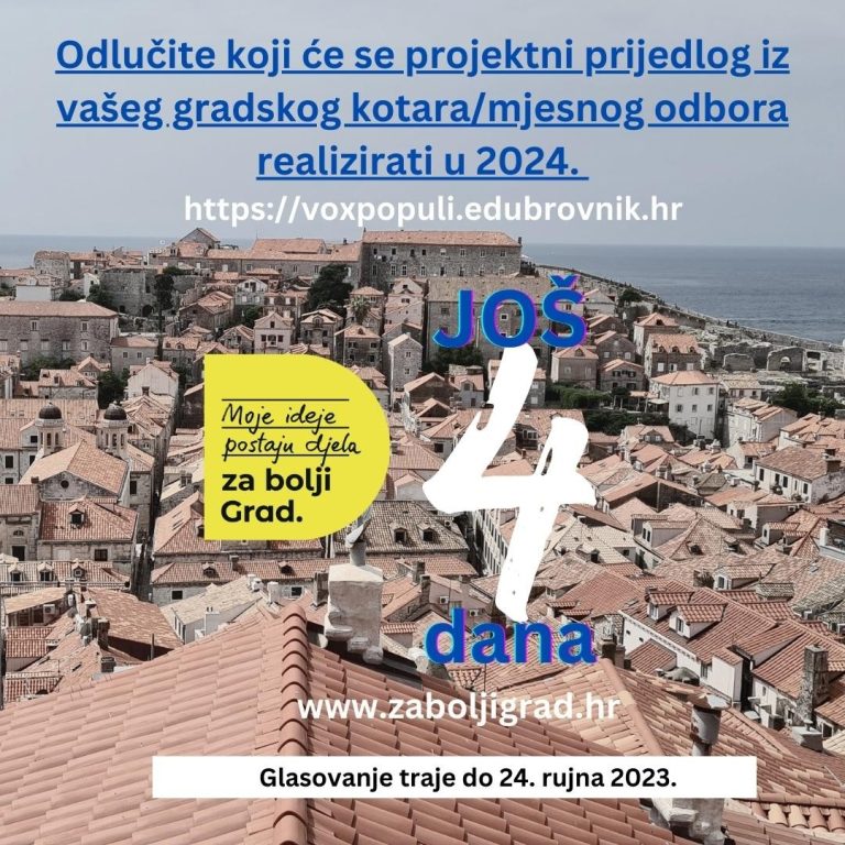 JOŠ ČETIRI DANA Uključite se i glasujte za projektni prijedlog iz Vašeg gradskog kotara ili mjesnog odbora