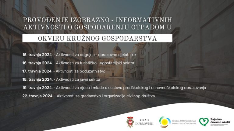 Grad Dubrovnik najavljuje nove besplatne radionice i aktivnosti o gospodarenju otpadom za različite društvene skupine