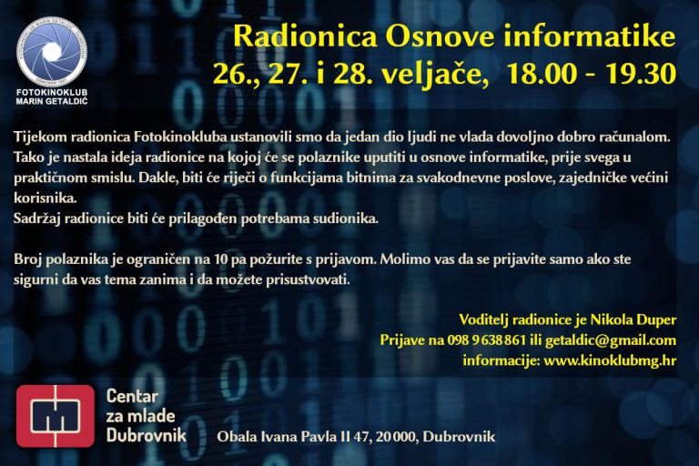 Fotokinoklub Marin Getaldić organizira radionicu Osnove informatike