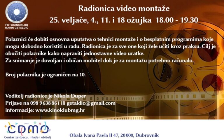 Fotokino klub Marin Getaldić organizira radionicu video montaže