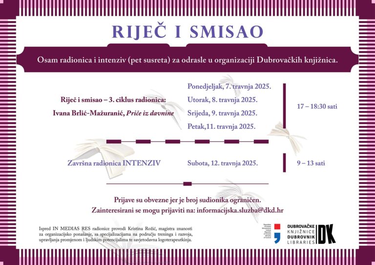 Kreće treći ciklus radionica za odrasle “Riječ i smisao” u Dubrovačkim knjižnicama