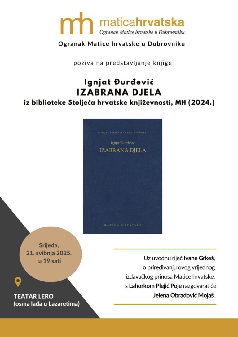Predstavljanje knjige “Ignjat Đurđević, Izabrana djela” u srijedu u Teatru Lero