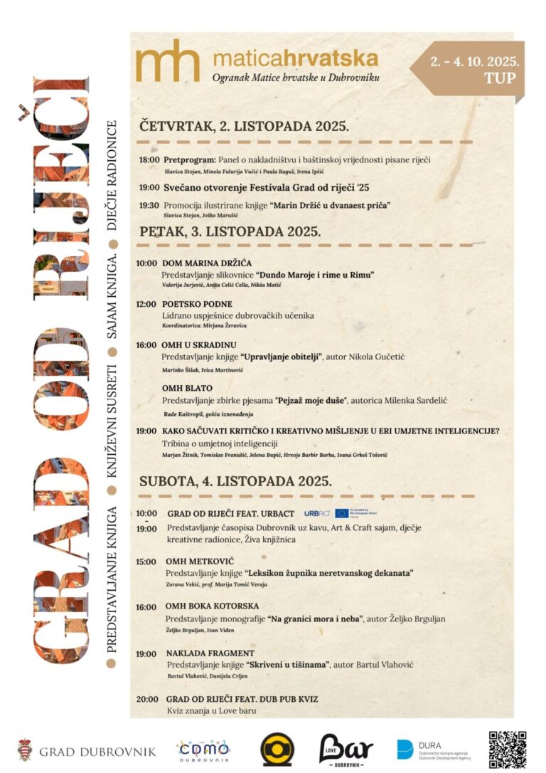Dubrovnik ponovno postaje Grad od riječi: odličan program u TUP-u od 2. do 4. listopada