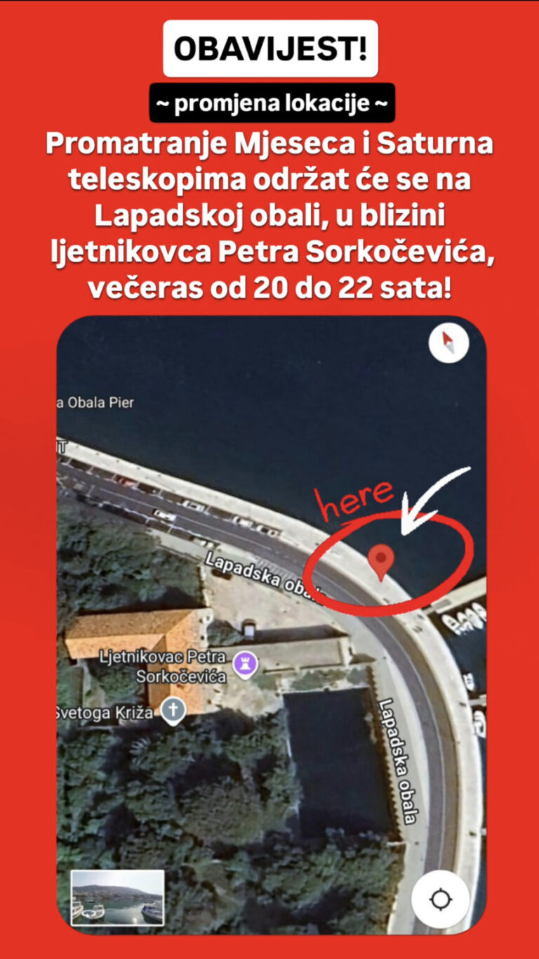 PROMJENA LOKACIJE: Promatranje Mjeseca i Saturna teleskopima večeras na Lapadskoj obali umjesto s polazišta žičare
