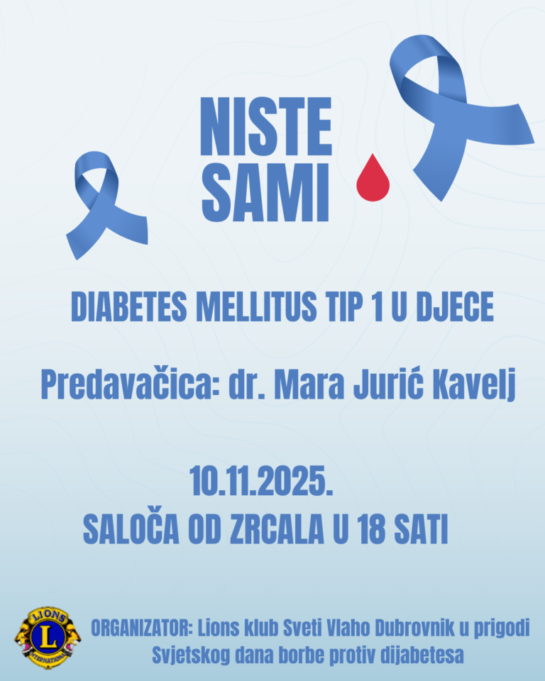 Lions klub sv. Vlaho u suradnji s Dubrovačkim knjižnicama organizira predavanje “Niste sami – Diabetes mellitus tip 1 u djece”