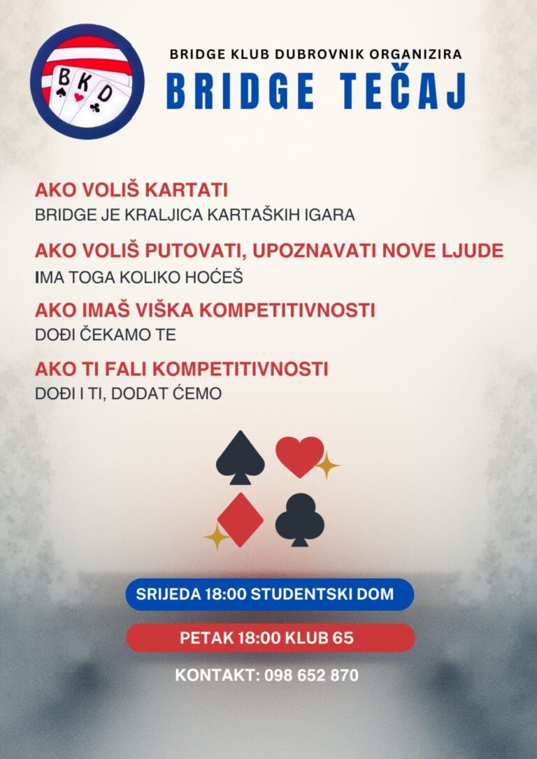 Tečaj bridža u srijedu u Studentskom domu. Memorijalni turnir Jerko Kovač u nedjelju