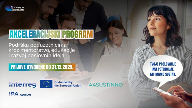 Javni poziv za sudjelovanje u akceleracijskom programu A4SUSTINNO namijenjenog mikro, malim i srednjim poduzećima
