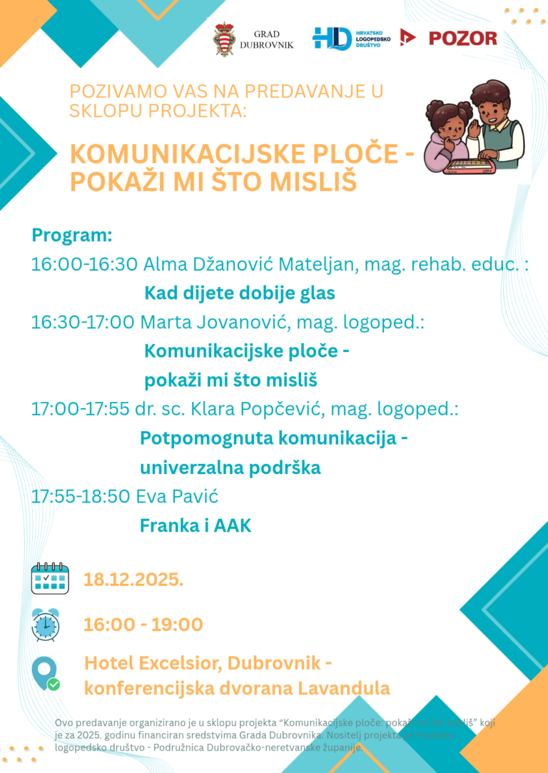 Hrvatsko logopedsko društvo poziva na predavanje „Komunikacijske ploče: pokaži mi što misliš“