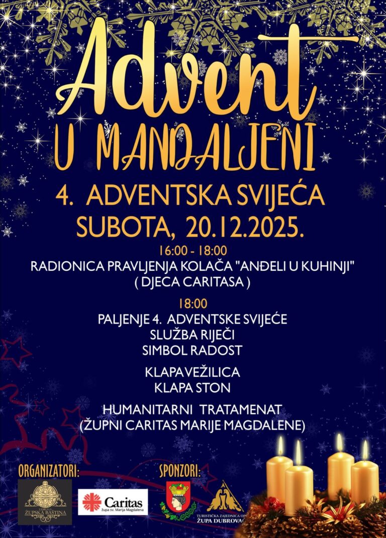U subotu paljenje četvrte adventske svijeće u sklopu Adventa u Mandaljeni