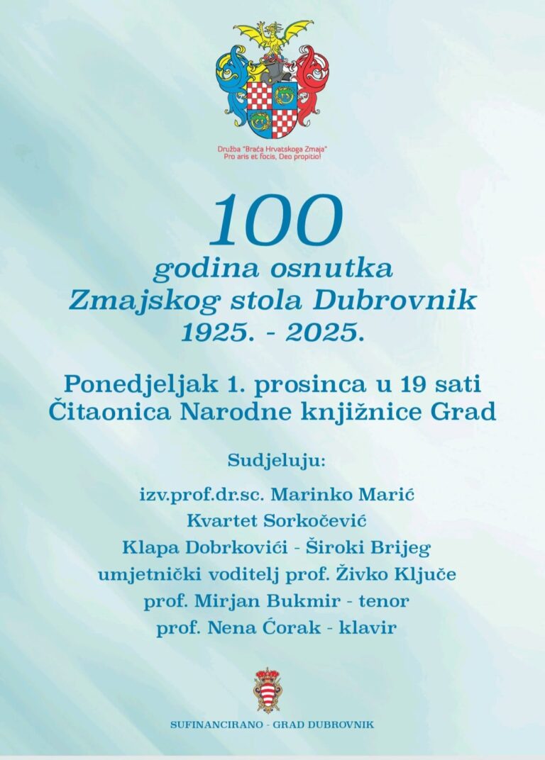 U Narodnoj knjižnici večeras u 19 sati obljetnica osnutka Družbe “Braća Hrvatskog Zmaja u Dubrovniku