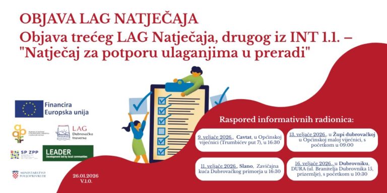 LAG “Dubrovačka traversa” Poziva na informativne radionice za Natječaj “Potpora ulaganjima u preradu”