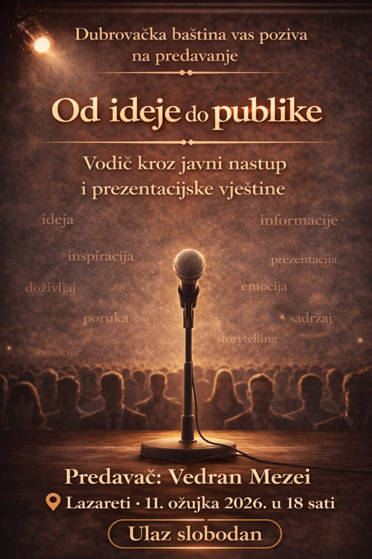 Dubrovačka baština poziva na predavanje Vedrana Mezeija „Od ideje do publike – vodič kroz javni nastup i prezentacijske vještine“