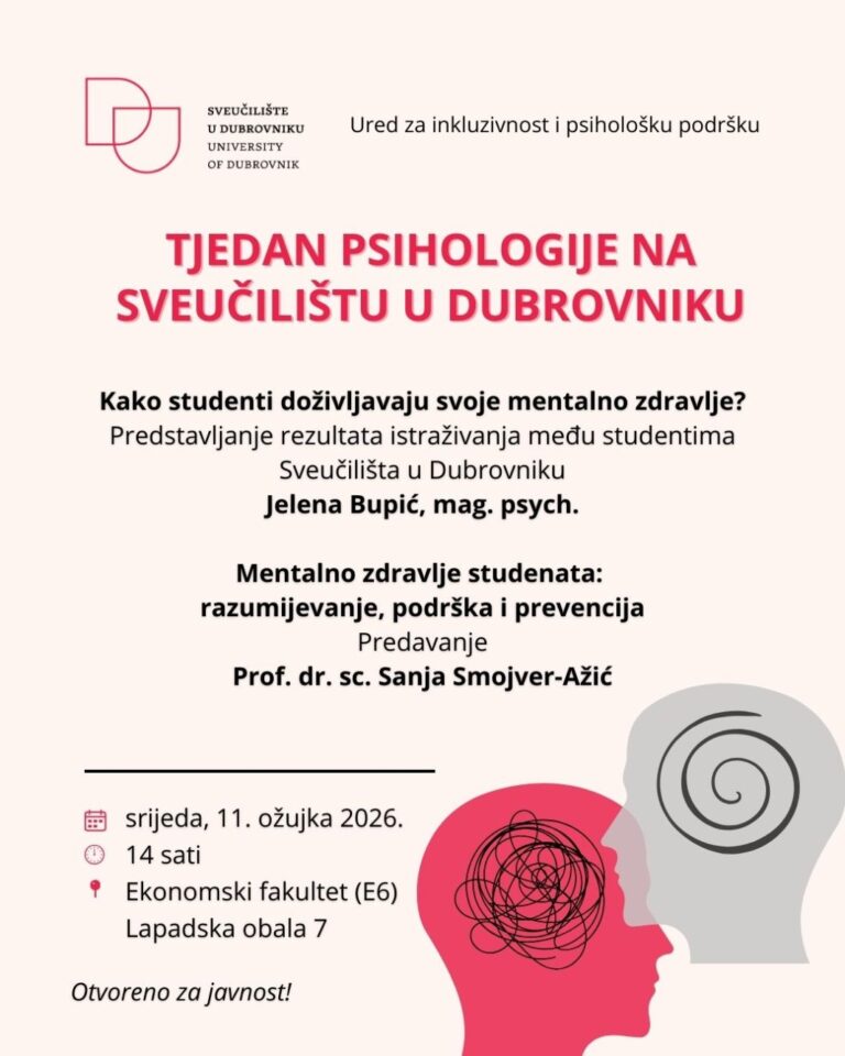 Sveučilište u Dubrovniku obilježit će Tjedan psihologije predavanjem „Mentalno zdravlje studenata: razumijevanje, podrška i prevencija“