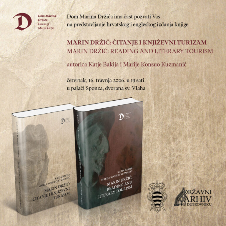 Dom Marina Držića poziva na predstavljanje dvije znanstvene knjige “Marin Držić: čitanje i književni turizam” i “Marin Držić: Reading and Literary Tourism”