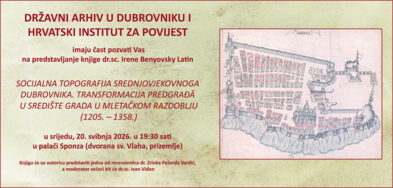 Predstavljanje knjige koja govori o socijalnoj topografiji srednjovjekovnog Dubrovnika ove srijede u Sponzi