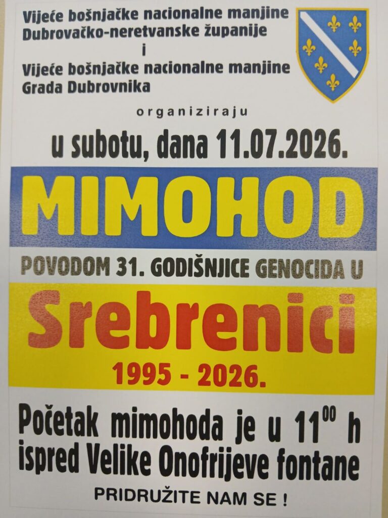 Mimohod sjećanja na Srebrenicu u subotu na Stradunu